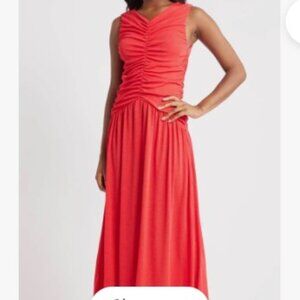 Red Ruched Drop Waist Maxi Dress